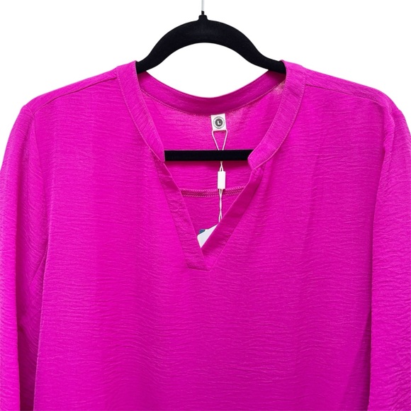ASKYES Fuchsia Pink Chiffon V Neck Blouse 3/4 Flutter Sleeves Tunic Large - Picture 4 of 8